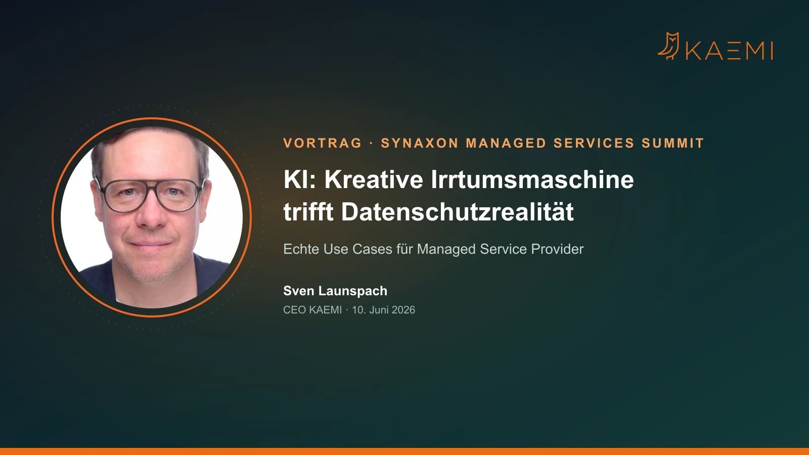 Sven Launspach (CEO KAEMI) spricht beim SYNAXON Managed Services Summit 2026 über KI und Datenschutz