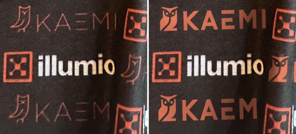 Bedruckter Schal mit Illumio- und KAEMI-Logos, links mit dem bisherigen, rechts mit dem neuen KAEMI-Logo