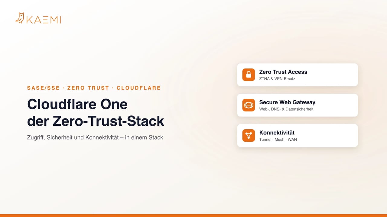 Cloudflare One als SASE/SSE-Stack: Zero Trust Access, Secure Web Gateway und Konnektivität (Tunnel, Mesh, WAN) in einem Stack – KAEMI als Cloudflare-Partner