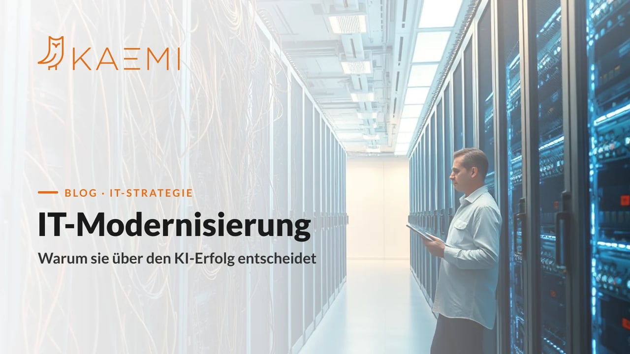 IT-Modernisierung: vom Kabelchaos der Altsysteme zur modernen Infrastruktur – Techniker zwischen Legacy-Rack und modernem Rechenzentrum (KAEMI)