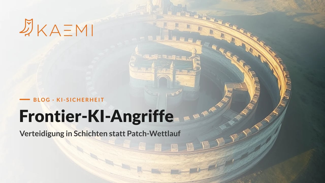 Konzentrische Festung mit mehreren Mauerringen aus der Luft – Sinnbild für Verteidigung in Schichten gegen Frontier-KI-Angriffe (KAEMI)