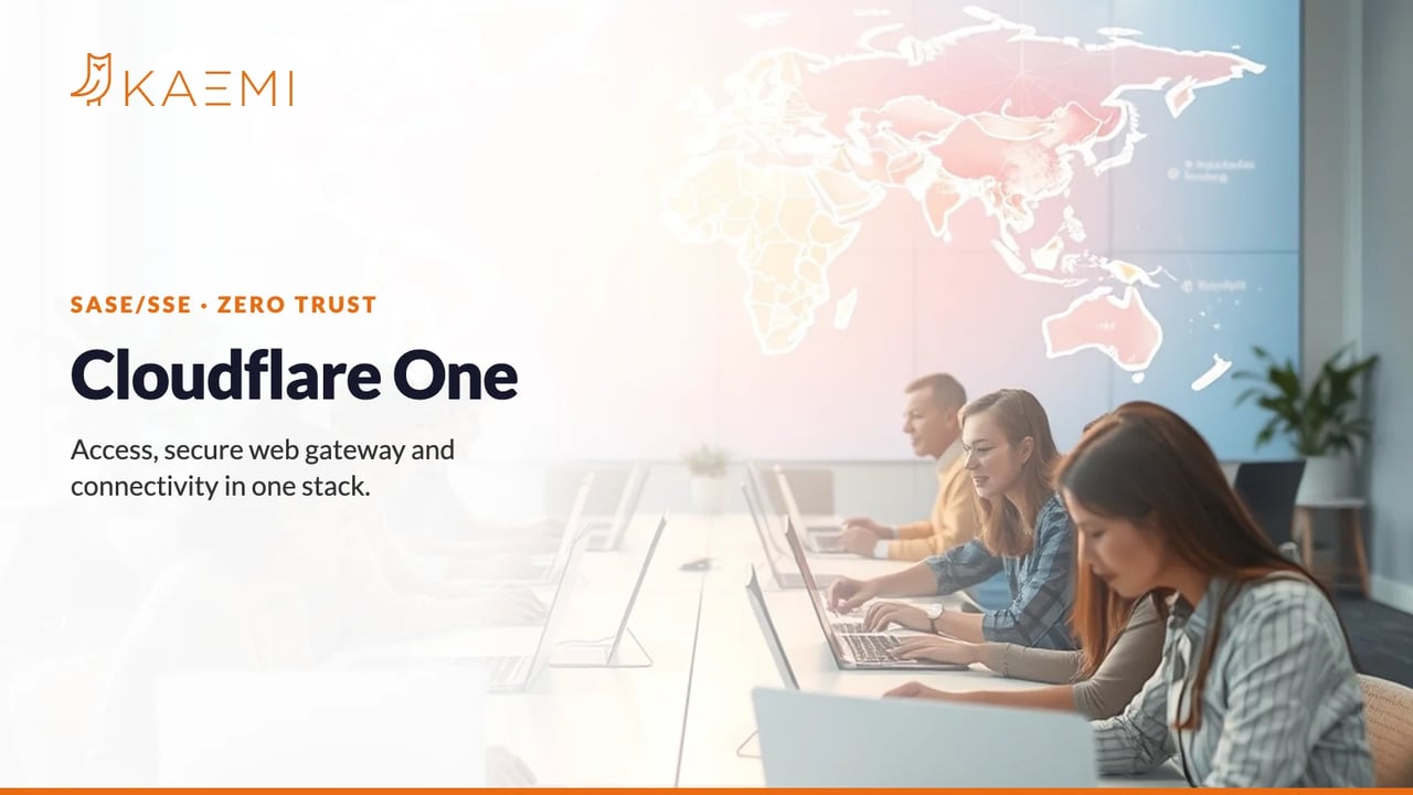 People at laptops in front of a global network map – Cloudflare One
