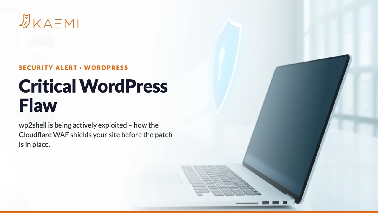 Bright office with laptop and shield – critical WordPress flaw wp2shell, shielded by the Cloudflare WAF
