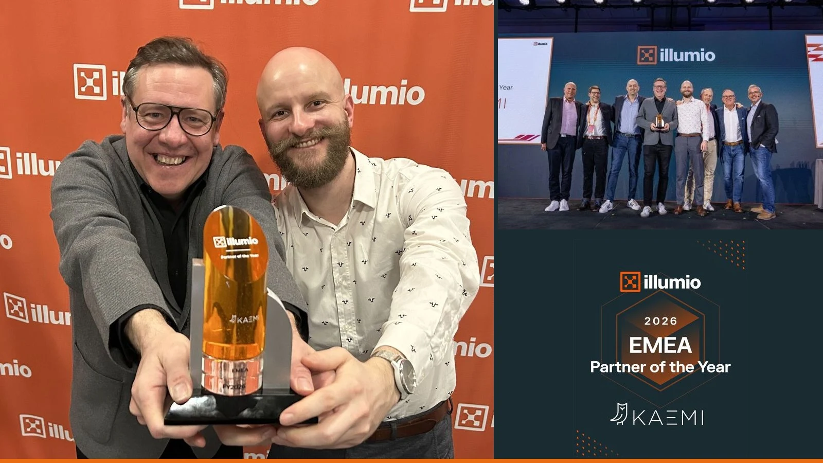 KAEMI ist Illumio EMEA Partner of the Year 2026 – Pokalübergabe, Team auf der Bühne und der offizielle Award-Badge