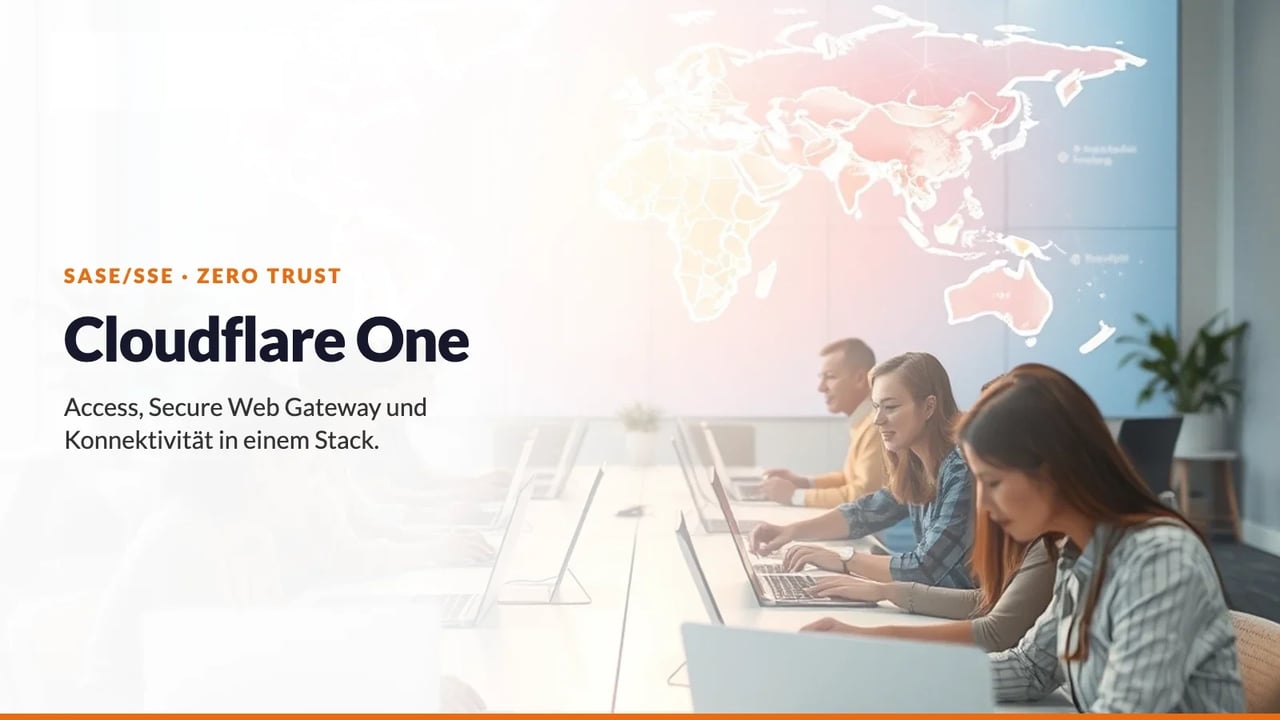 Menschen am Laptop vor weltweiter Netzwerkkarte – Cloudflare One