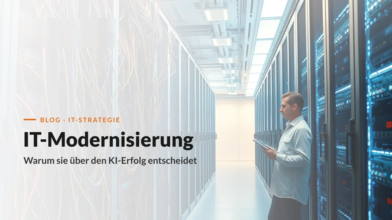 IT-Modernisierung: vom Kabelchaos der Altsysteme zur modernen Infrastruktur, Techniker zwischen Legacy-Rack und modernem Rechenzentrum (KAEMI)