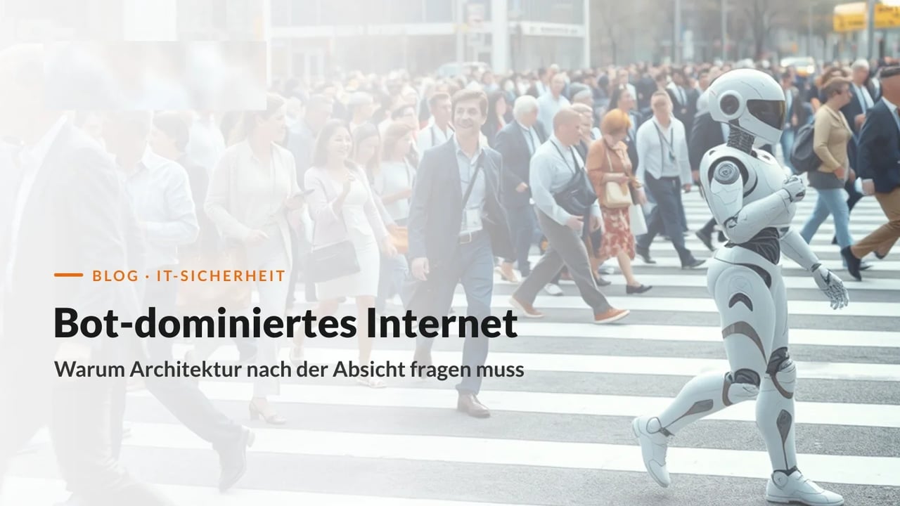 Ein humanoider Roboter läuft unauffällig in einer Menschenmenge über den Zebrastreifen, Sinnbild für Bots im Internetverkehr und intentionsbasierte Sicherheitsarchitektur (KAEMI)