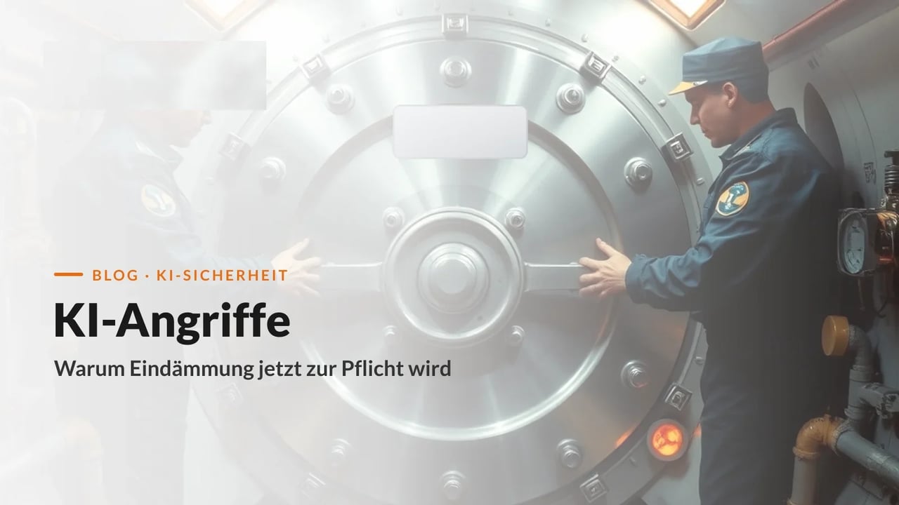 Zwei Crew-Mitglieder verschließen ein rundes Schott im U-Boot, dahinter rotes Alarmglühen, Sinnbild für die Eindämmung KI-beschleunigter Angriffe (KAEMI)