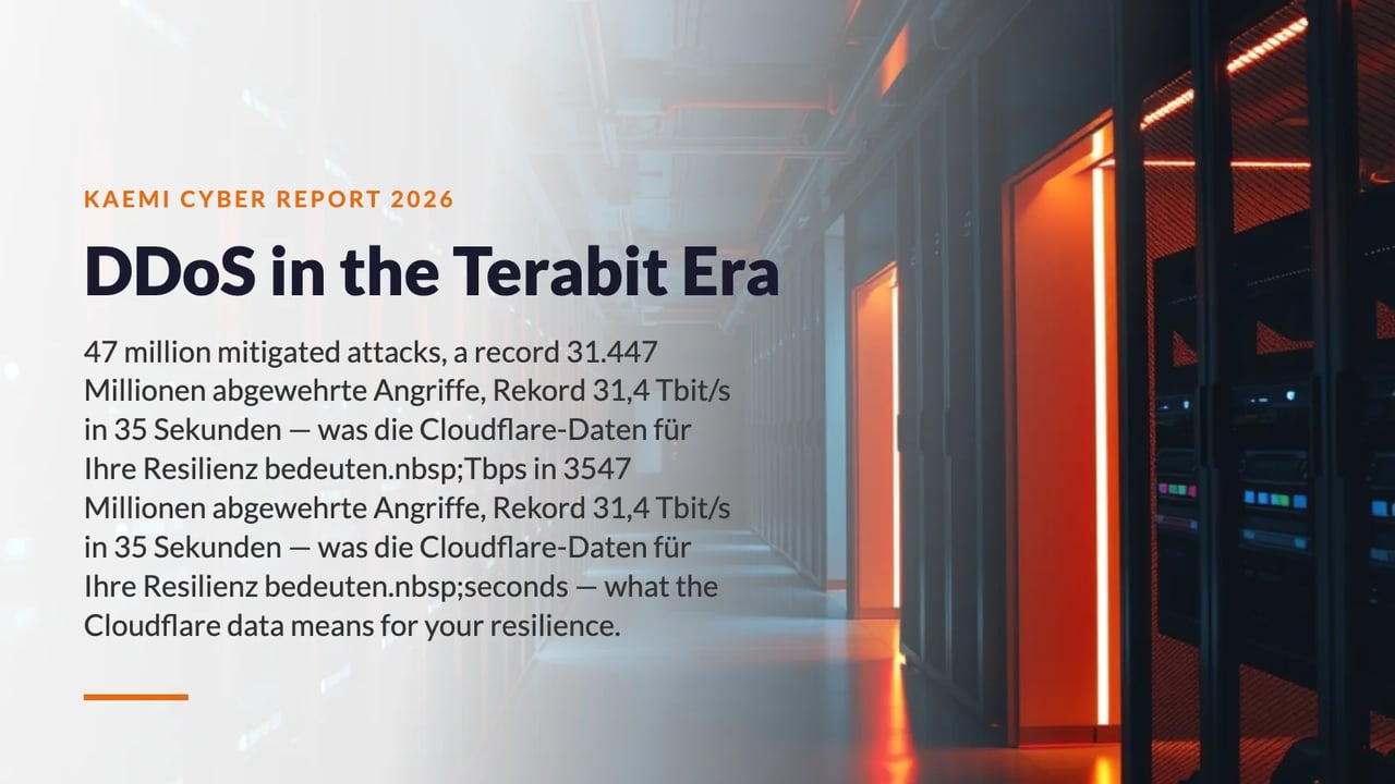 Data center corridor with orange-lit server racks — cover of the KAEMI Cyber Report 2026: DDoS in the terabit era