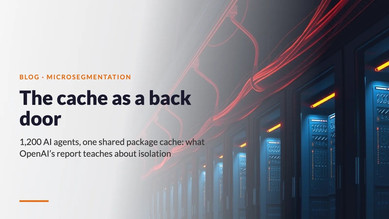 Dark data centre with separate server racks beneath a shared, glowing orange cable tray – The cache as a back door
