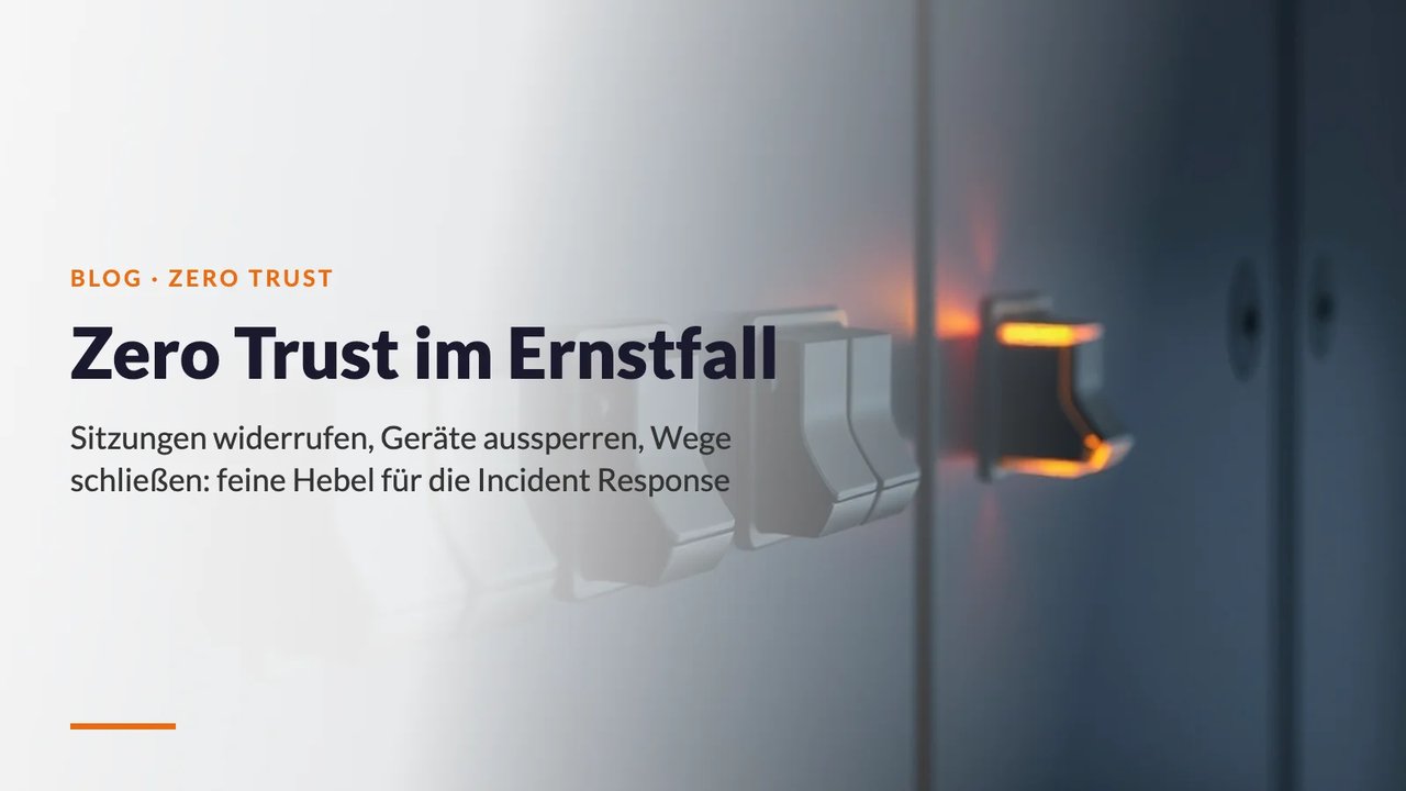 Reihe dunkler Kippschalter an einem Schaltpult, einer davon umgelegt und orange beleuchtet: Zero Trust im Ernstfall