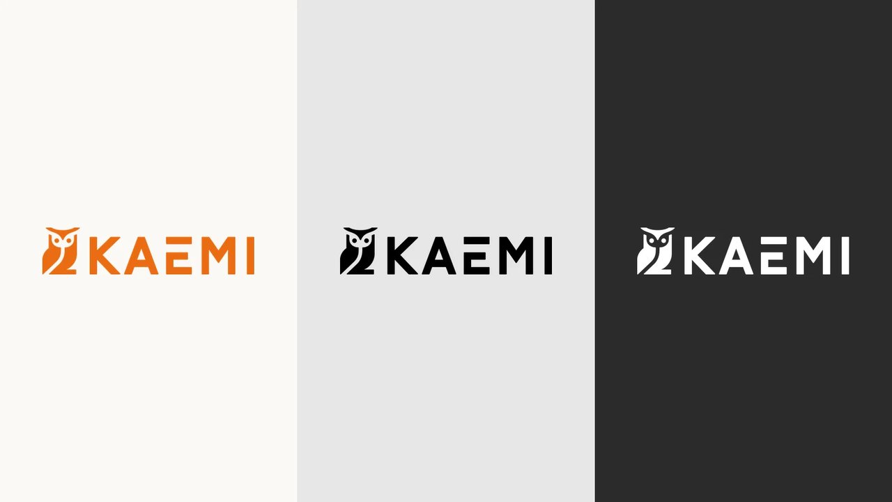 Das neue KAEMI-Logo in Orange auf hellem, in Schwarz auf grauem und in Weiß auf dunklem Grund