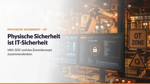 OT-Techniker vor Security-Dashboards in einer Fabrik mit OT-Zone-Schild – Physische Sicherheit ist IT-Sicherheit