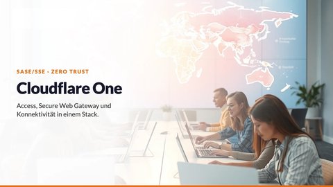 Menschen am Laptop vor weltweiter Netzwerkkarte – Cloudflare One