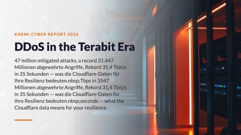 Data center corridor with orange-lit server racks — cover of the KAEMI threat analysis 2026: DDoS in the terabit era