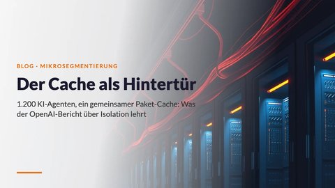 Dunkles Rechenzentrum mit getrennten Server-Racks, über denen ein gemeinsamer Kabelweg orange leuchtet – Der Cache als Hintertür
