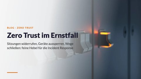 Reihe dunkler Kippschalter an einem Schaltpult, einer davon umgelegt und orange beleuchtet: Zero Trust im Ernstfall