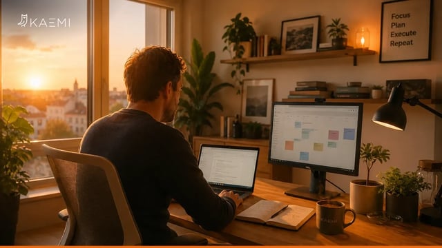 Person arbeitet im Home-Office bei Sonnenuntergang an Laptop und Monitor mit Aufgabenplanung – hybrides Arbeiten als Praxisfeld für Zero Trust