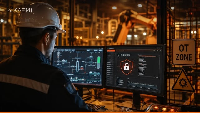 Techniker mit Schutzhelm überwacht ein OT-Security-Dashboard am Leitstand einer Industrieanlage; Schild „OT ZONE" kennzeichnet den abgesicherten Bereich