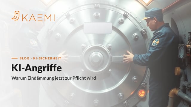 Zwei Crew-Mitglieder verschließen ein rundes Schott im U-Boot, dahinter rotes Alarmglühen – Sinnbild für die Eindämmung KI-beschleunigter Angriffe (KAEMI)