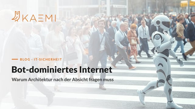 Ein humanoider Roboter läuft unauffällig in einer Menschenmenge über den Zebrastreifen – Sinnbild für Bots im Internetverkehr und intentionsbasierte Sicherheitsarchitektur (KAEMI)