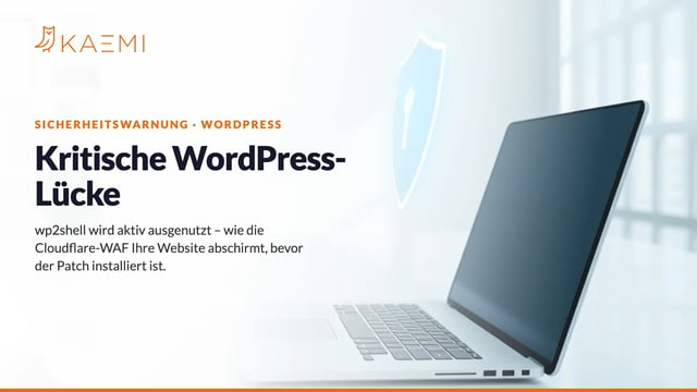 Helles Büro mit Laptop und Schutzschild – kritische WordPress-Lücke wp2shell, abgesichert mit Cloudflare-WAF