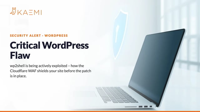 Bright office with laptop and shield – critical WordPress flaw wp2shell, shielded by the Cloudflare WAF