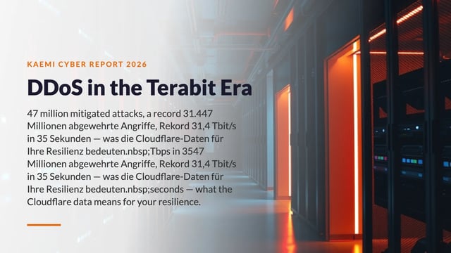 Data center corridor with orange-lit server racks — cover of the KAEMI threat analysis 2026: DDoS in the terabit era