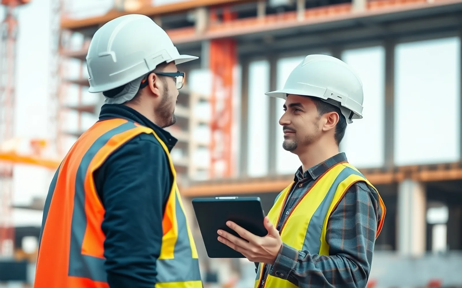 Zwei Ingenieure mit Schutzhelmen im Gespräch auf einer Baustelle