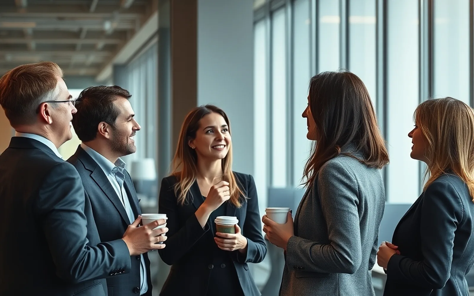 Kollegengruppe im Gespräch an der Kaffee-Ecke eines Versicherungsbüros